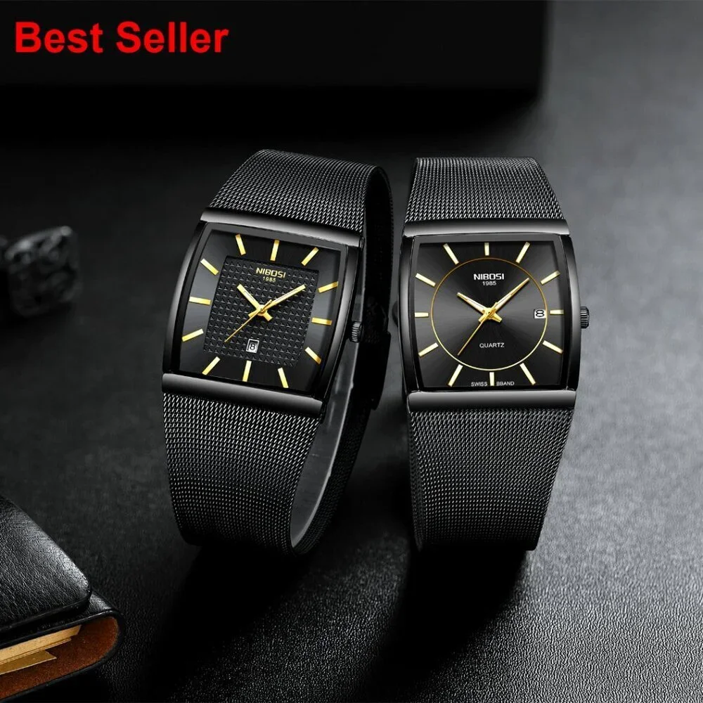 Stainless Steel Square Analog Quartz Watch with Mesh Strap